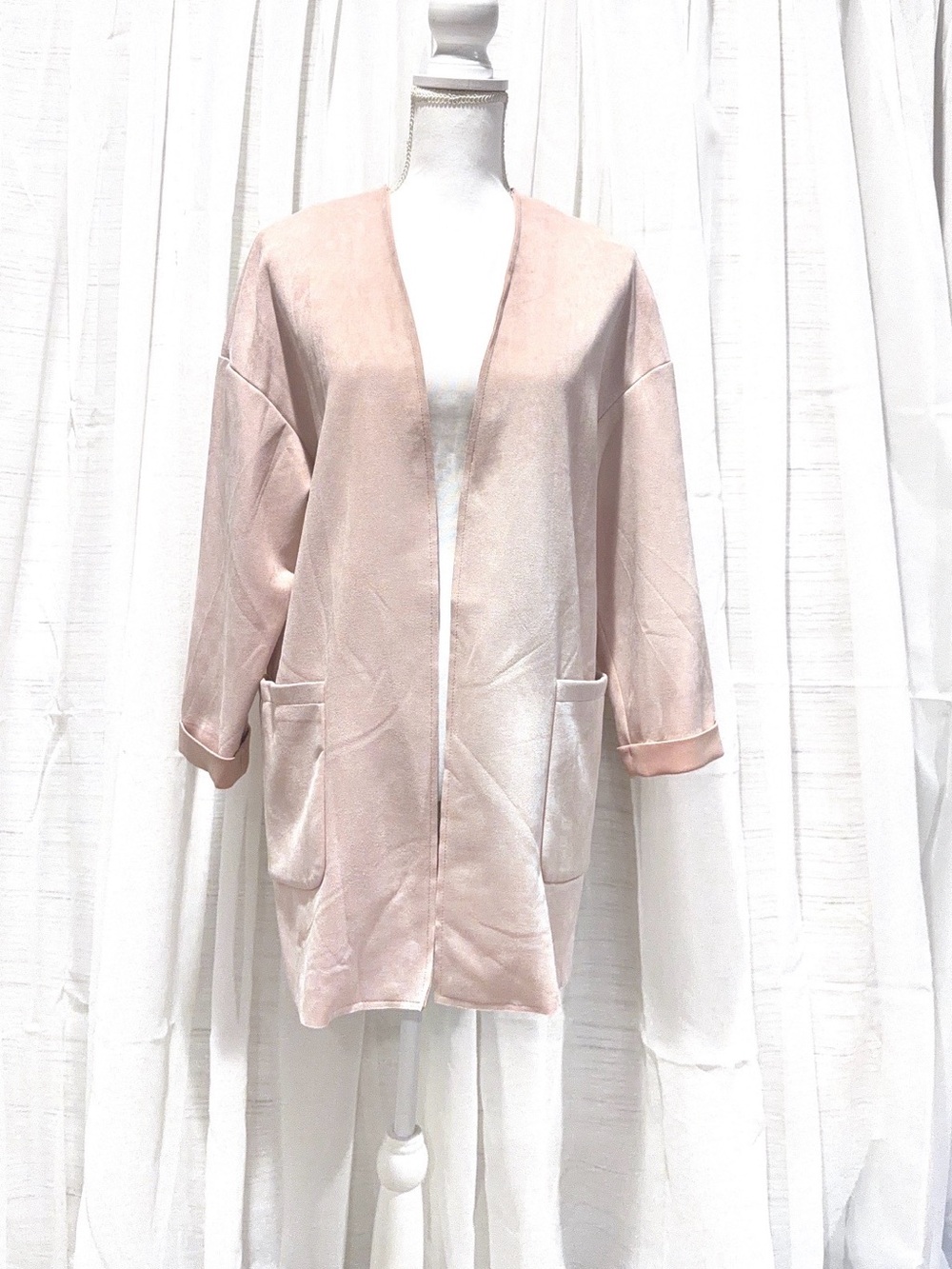 Joan Vass Faux Leather Blush Pink Open-Front Trench Coatigan